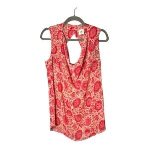 Cabi Red and Tan Printed Sleeveless Lightweight Blouse Back Cutout Size Small